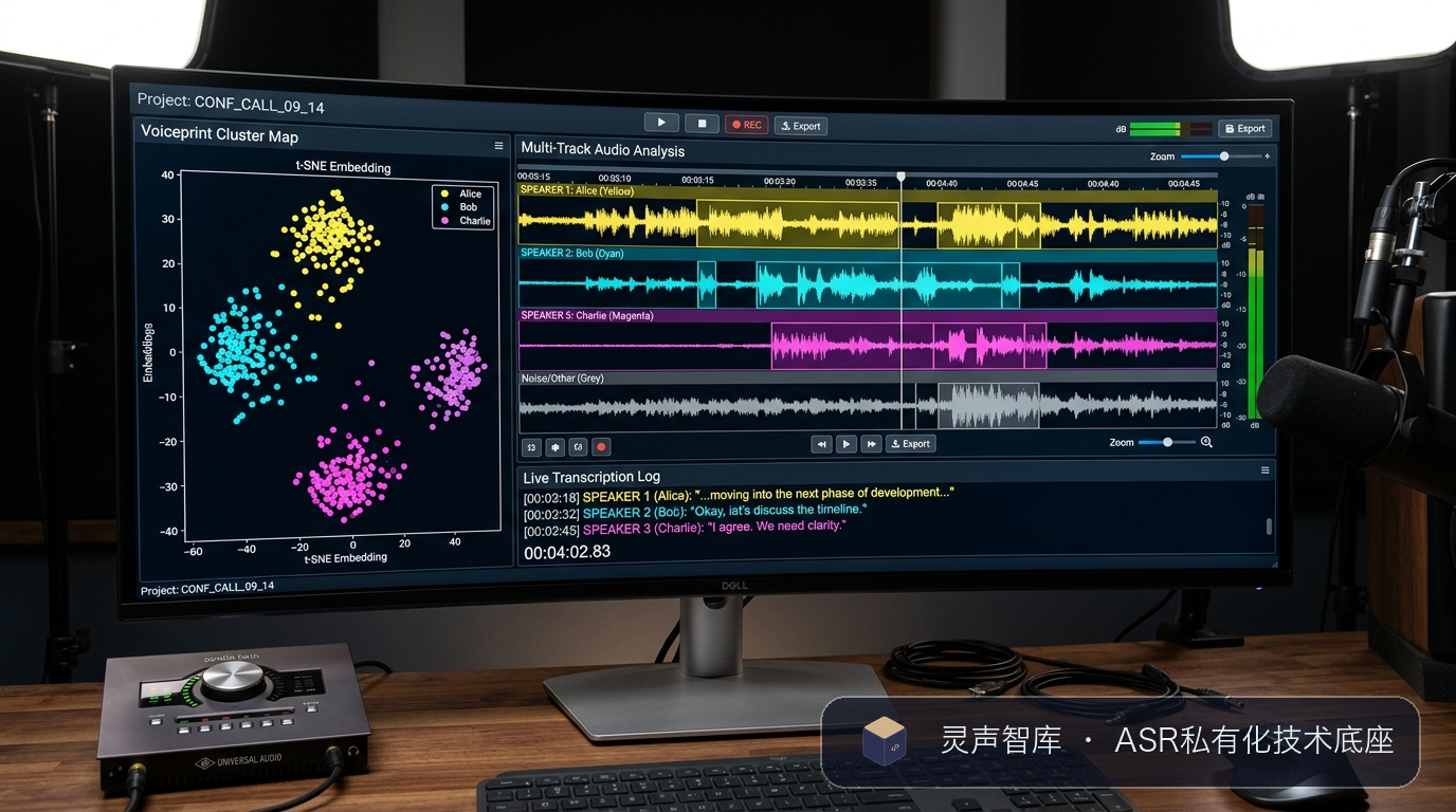 多说话人声纹聚类与分轨转录时间轴分析界面