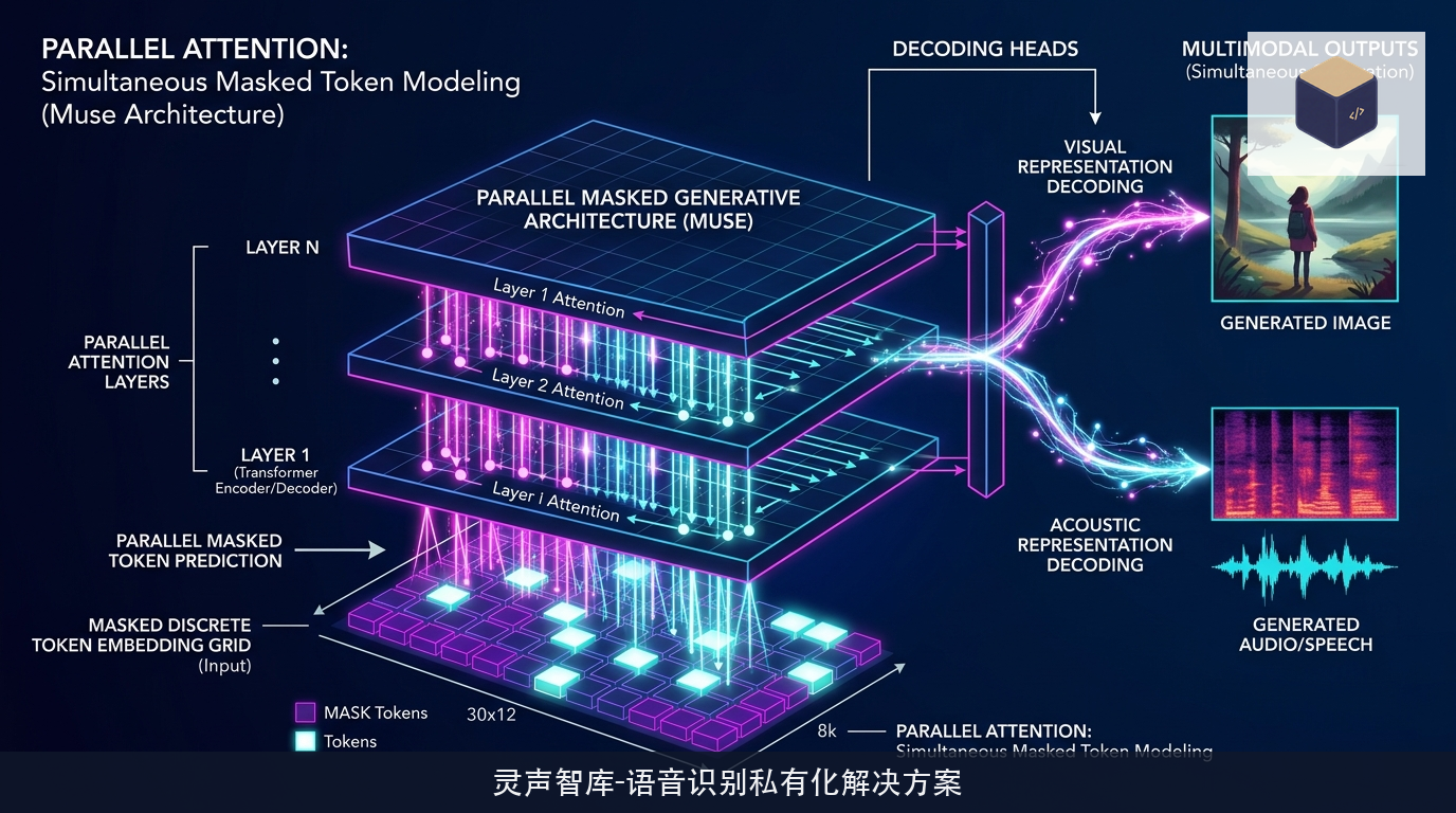 Muse多模态神经生成架构与并行掩码解码示意图